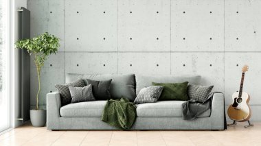 Oturma odasının modern tarzı, ahşap zeminli ve geniş pencereli bir oda. 3B görüntüleme