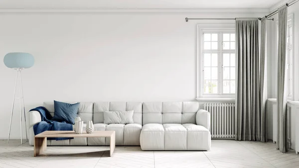 Vacker interiör i ett modernt rum. Ljus och ren design. En soffa som står vid ett stort fönster mot en vägg bakgrund. 3D-rendering — Stockfoto