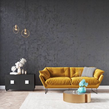 Modern bir odanın güzel iç mekanı. Parlak ve temiz tasarım. Büyük bir pencerenin yanında duran bir kanepe. 3B görüntüleme