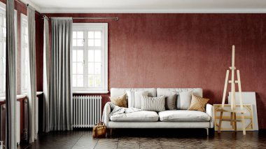 Modern bir odanın güzel iç mekanı. Parlak ve temiz tasarım. Büyük bir pencerenin yanında duran bir kanepe. 3B görüntüleme