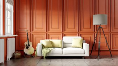 Modern bir odanın güzel iç mekanı. Parlak ve temiz tasarım. Büyük bir pencerenin yanında duran bir kanepe. 3B görüntüleme