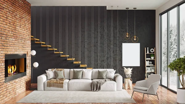 Mock up quadro de cartaz no fundo interior moderno, sala de estar, estilo escandinavo, 3D renderização — Fotografia de Stock