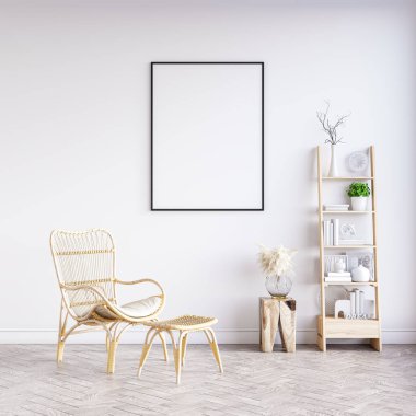 Poster çerçevesini modern iç plan, oturma odası, İskandinav tarzı, 3D görüntüleme