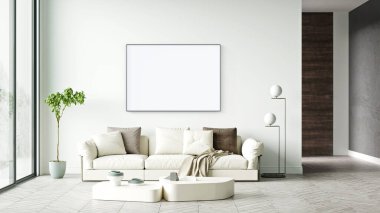 Poster çerçevesini modern iç plan, oturma odası, İskandinav tarzı, 3D görüntüleme