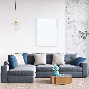 Boş bir tablosu olan modern bir oda. Kanepe, geniş pencere, ahşap zemin ve duvar. Temiz iç tasarım çizgileri. 3B görüntüleme