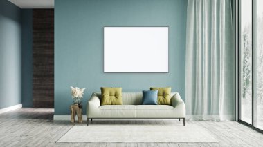 Poster çerçevesini modern iç plan, oturma odası, İskandinav tarzı, 3D görüntüleme