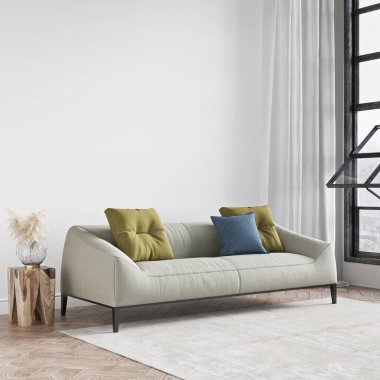 Modern bir odanın güzel iç mekanı. Parlak ve temiz tasarım. Büyük bir pencerenin yanında duran bir kanepe. 3B görüntüleme