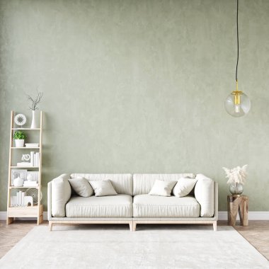 Modern bir odanın güzel iç mekanı. Parlak ve temiz tasarım. Büyük bir pencerenin yanında duran bir kanepe. 3B görüntüleme