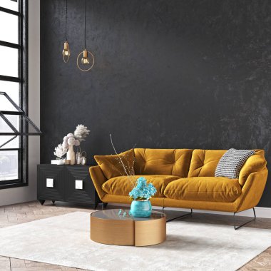 Modern bir odanın güzel iç mekanı. Parlak ve temiz tasarım. Büyük bir pencerenin yanında duran bir kanepe. 3B görüntüleme