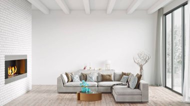 Modern bir odanın güzel iç mekanı. Parlak ve temiz tasarım. 3B görüntüleme