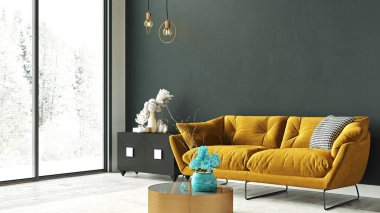 Modern bir odanın güzel iç mekanı. Parlak ve temiz tasarım. 3B görüntüleme