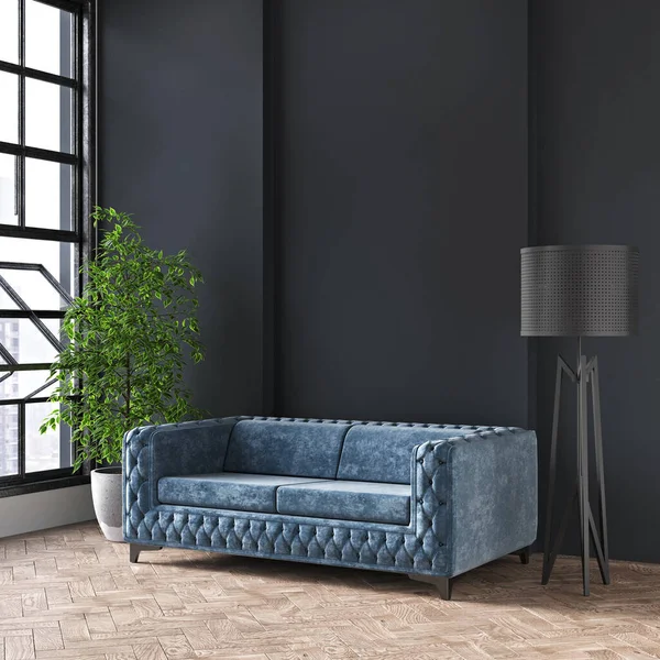 Egy modern szoba gyönyörű belseje. Fényes és tiszta design. Egy kanapé áll egy nagy ablak mellett fali háttérrel. 3D renderelés — Stock Fotó