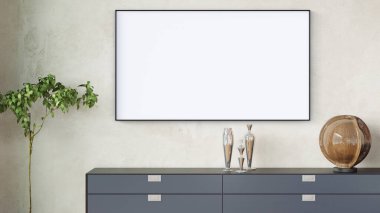 Beyaz bir tablosu olan modern, güzel bir iç mekan. Ahşap zeminleri ve aydınlık duvarları olan temiz ve hafif bir tasarım. 3d oluşturma