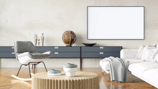 Moderne mooie interieurkamer met een wit schilderij. Schoon en lichtgewicht design met houten vloeren en lichte wanden. 3d destructie — Stockfoto