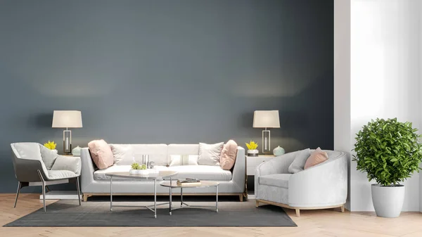 Hermoso interior de una habitación moderna. Diseño brillante y limpio. Un sofá junto a una gran ventana sobre un fondo de pared. Renderizado 3D — Foto de Stock