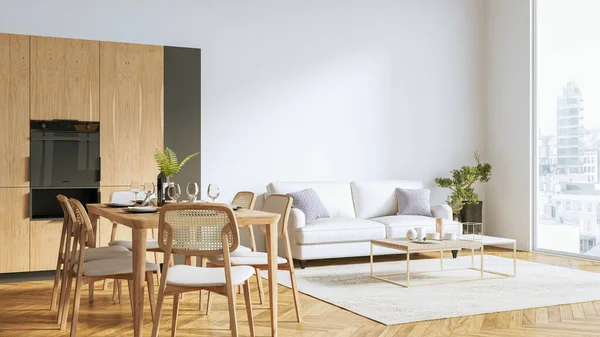 モダンなスタイリッシュなキッチンインテリア、木製の床、テーブルとソファ付きの部屋。3Dレンダリング — ストック写真