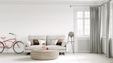 Modern bir odanın güzel iç mekanı. Parlak ve temiz tasarım. Büyük bir pencerenin yanında duran bir kanepe. 3B görüntüleme