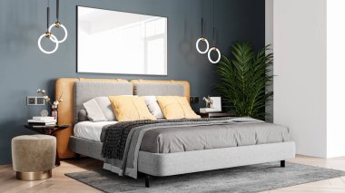 Modern bir odanın güzel iç mekanı. Parlak ve temiz tasarım. Büyük bir pencerenin yanında duran bir kanepe. 3B görüntüleme