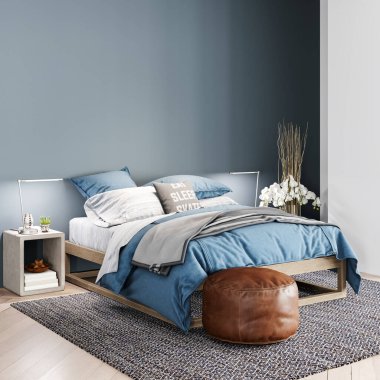 Modern bir odanın güzel iç mekanı. Parlak ve temiz tasarım. Büyük bir pencerenin yanında duran bir kanepe. 3B görüntüleme