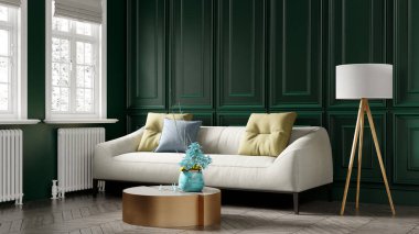 Modern bir odanın güzel iç mekanı. Parlak ve temiz tasarım. Büyük bir pencerenin yanında duran bir kanepe. 3B görüntüleme