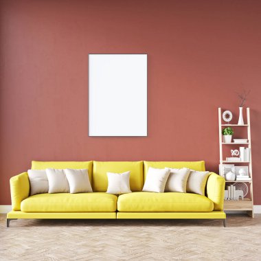 Boş bir tablosu olan modern bir oda. Kanepe, geniş pencere, ahşap zemin ve duvar. Temiz iç tasarım çizgileri. 3B görüntüleme