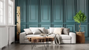 Modern bir odanın güzel iç mekanı. Parlak ve temiz tasarım. Büyük bir pencerenin yanında duran bir kanepe. 3B görüntüleme