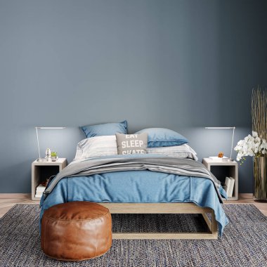 Modern bir odanın güzel iç mekanı. Parlak ve temiz tasarım. Büyük bir pencerenin yanında duran bir kanepe. 3B görüntüleme