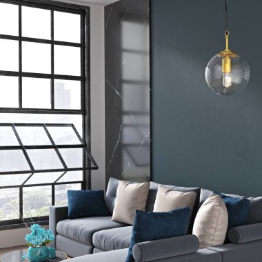 Modern bir odanın güzel iç mekanı. Parlak ve temiz tasarım. Büyük bir pencerenin yanında duran bir kanepe. 3B görüntüleme