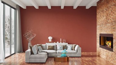 Modern bir odanın güzel iç mekanı. Parlak ve temiz tasarım. 3B görüntüleme