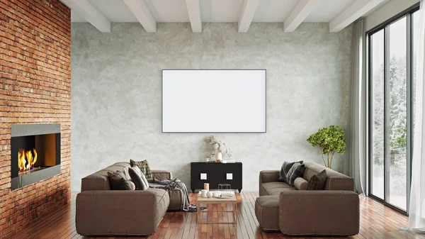 Simular el marco del cartel en el fondo interior moderno, sala de estar, estilo escandinavo, representación 3D — Foto de Stock