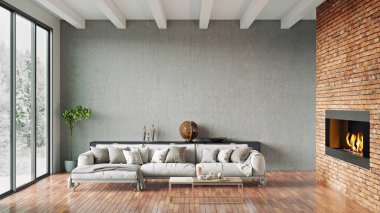 Modern bir odanın güzel iç mekanı. Parlak ve temiz tasarım. 3B görüntüleme