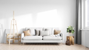 Modern bir odanın güzel iç mekanı. Parlak ve temiz tasarım. Büyük bir pencerenin yanında duran bir kanepe. 3B görüntüleme