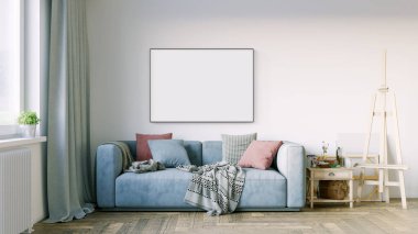 Boş bir tablosu olan modern bir oda. Kanepe, geniş pencere, ahşap zemin ve duvar. Temiz iç tasarım çizgileri. 3B görüntüleme