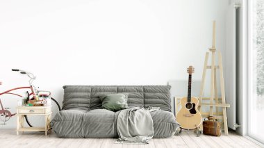 Oturma odasının modern tarzı, ahşap zeminli ve geniş pencereli bir oda. 3B görüntüleme