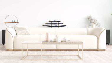 Modern bir oturma odası, merdiveni olan bir oda, ahşap zemin ve büyük bir pencere. 3B görüntüleme