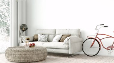 Oturma odasının modern tarzı, ahşap zeminli ve geniş pencereli bir oda. 3B görüntüleme