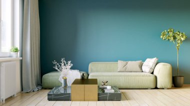 Modern bir odanın güzel iç mekanı. Parlak ve temiz tasarım. Büyük bir pencerenin yanında duran bir kanepe. 3B görüntüleme