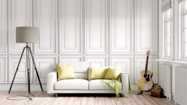 Modern bir odanın güzel iç mekanı. Parlak ve temiz tasarım. Büyük bir pencerenin yanında duran bir kanepe. 3B görüntüleme