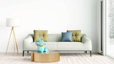 Oturma odasının modern tarzı, ahşap zeminli ve geniş pencereli bir oda. 3B görüntüleme