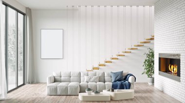 Poster çerçevesini modern iç plan, oturma odası, İskandinav tarzı, 3D görüntüleme