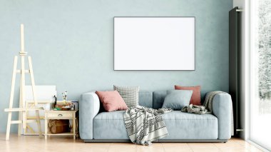 Boş bir tablosu olan modern bir oda. Kanepe, geniş pencere, ahşap zemin ve duvar. Temiz iç tasarım çizgileri. 3B görüntüleme