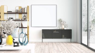 Beyaz bir tablosu olan modern, güzel bir iç mekan. Ahşap zeminleri ve aydınlık duvarları olan temiz ve hafif bir tasarım. 3d oluşturma