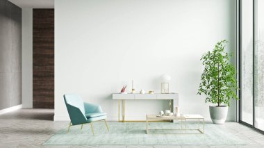 Modern bir odanın güzel iç mekanı. Parlak ve temiz tasarım. 3B görüntüleme