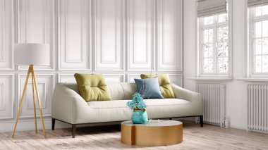 Modern bir odanın güzel iç mekanı. Parlak ve temiz tasarım. Büyük bir pencerenin yanında duran bir kanepe. 3B görüntüleme