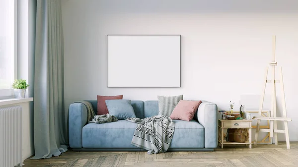 Interior moderno de um quarto com uma pintura vazia. Sofá e grande janela, piso de madeira e parede. Linhas limpas de design de interiores. Renderização 3D — Fotografia de Stock