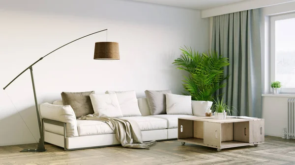 Bel intérieur d'une chambre moderne. Design lumineux et propre. Un canapé debout près d'une grande fenêtre sur un fond de mur. rendu 3D — Photo