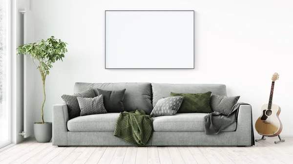 Modernes Interieur eines Zimmers mit einem leeren Gemälde. Sofa und großes Fenster, Holzboden und Wand. Klare Linien der Innenarchitektur. 3D-Rendering — Stockfoto