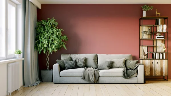 Belo interior de um quarto moderno. Design brilhante e limpo. Um sofá junto a uma grande janela contra um fundo de parede. Renderização 3D — Fotografia de Stock