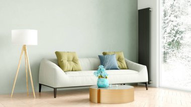 Oturma odasının modern tarzı, ahşap zeminli ve geniş pencereli bir oda. 3B görüntüleme