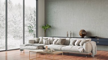 Modern bir odanın güzel iç mekanı. Parlak ve temiz tasarım. 3B görüntüleme